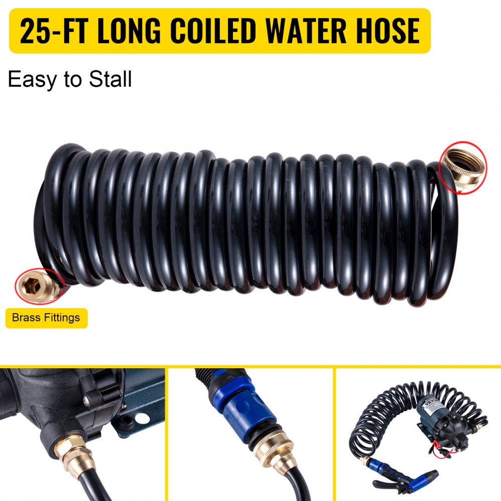 RV Water Pump 5.3 GPM 5.5 Gallons Per Minute 12V Water Pump Automatic 70 PSI Diaphragm Pump with 25 Foot Coiled Hose Washdown Pumps for Boats Caravan Rv Marine Yacht