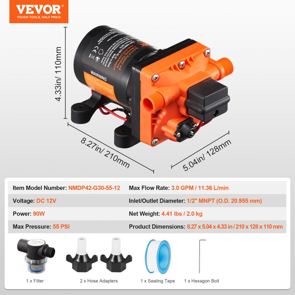 12V Diaphragm Pump 3GPM 11.36 L/min 4-Chamber Water Pump Pressure Switch
