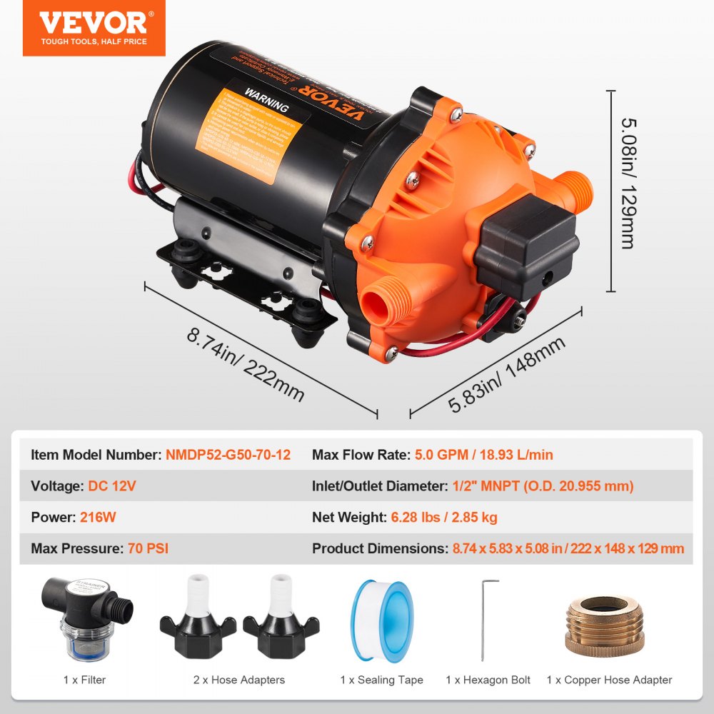 12V Diaphragm Pump 5GPM 18.93 L/min 5-Chamber Water Pump Pressure Switch