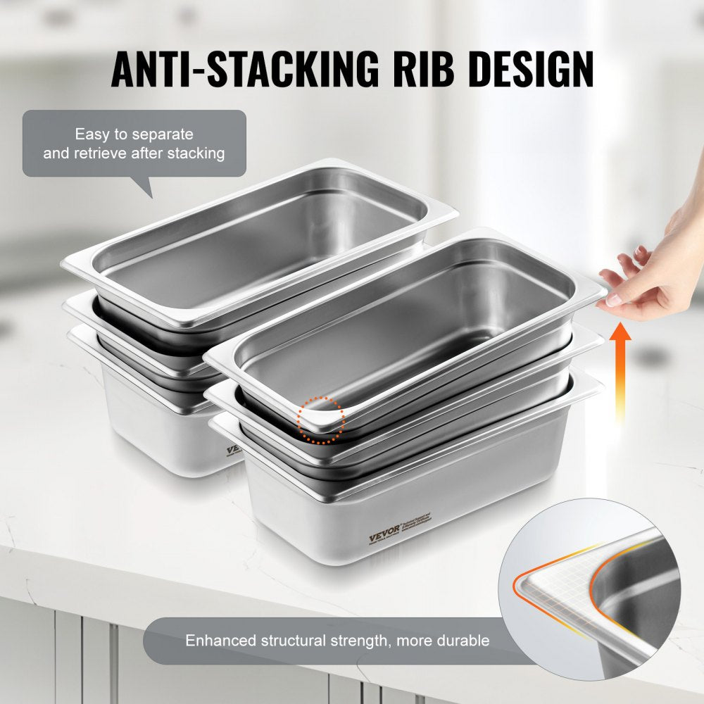 6 Pack Hotel Pans, 1/3 Size Anti-Jam Steam Pan, 0.8mm Thick Stainless Steel Restaurant Steam Table Pan, 4-Inch Deep Commercial Table Pan, Catering Storage Food Pan, for Industrial & Scientific
