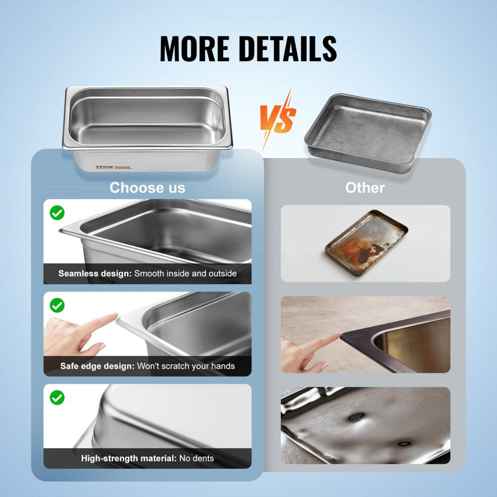 6 Pack Hotel Pans, 1/3 Size Anti-Jam Steam Pan, 0.8mm Thick Stainless Steel Restaurant Steam Table Pan, 4-Inch Deep Commercial Table Pan, Catering Storage Food Pan, for Industrial & Scientific