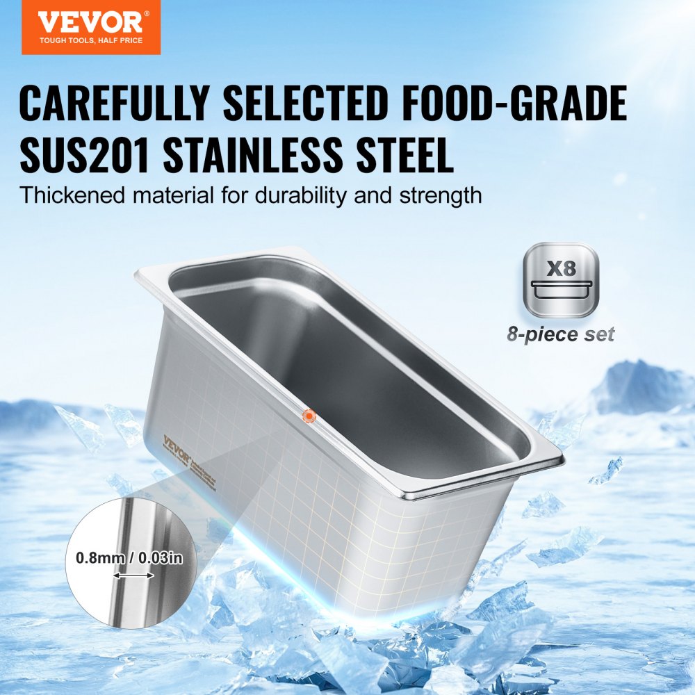 8 Pack Hotel Pans, 1/3 Size Anti-Jam Steam Pan with Lid, 0.8mm Thick Stainless Steel Steam Table Pan, 6-Inch Deep Commercial Table Pan, Catering Storage Food Pan, for Industrial & Scientific