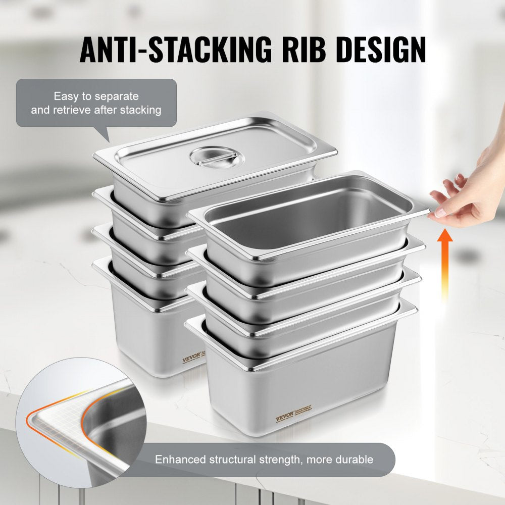 8 Pack Hotel Pans, 1/3 Size Anti-Jam Steam Pan with Lid, 0.8mm Thick Stainless Steel Steam Table Pan, 6-Inch Deep Commercial Table Pan, Catering Storage Food Pan, for Industrial & Scientific