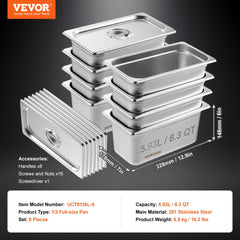 8 Pack Hotel Pans, 1/3 Size Anti-Jam Steam Pan with Lid, 0.8mm Thick Stainless Steel Steam Table Pan, 6-Inch Deep Commercial Table Pan, Catering Storage Food Pan, for Industrial & Scientific