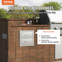 Outdoor Kitchen Drawers 14W x 14.3H x 23D Inch, Flush Mount Double BBQ Drawers Stainless Steel with Handle, BBQ Island Drawers for Outdoor Kitchens or Grill Station