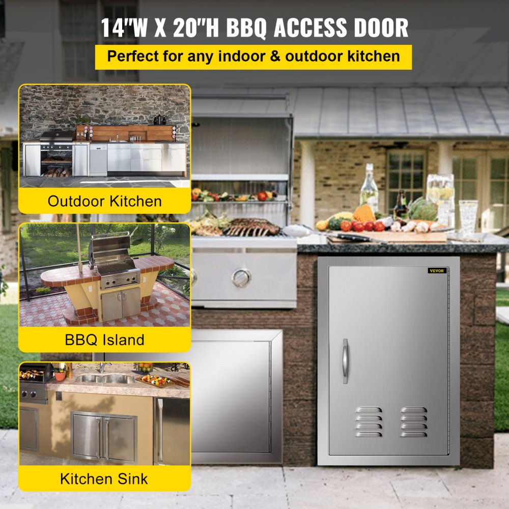 Outdoor Kitchen 14W x 20H Inch Wall Construction Stainless Steel Flush Mount for BBQ Island, 14inch x 20inch, Single Door with Vents