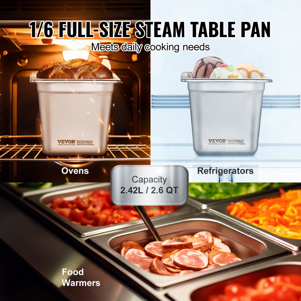 6 Pack Hotel Pans, 1/6  Size Anti-Jam Steam Pan, 0.8mm Thick Stainless Steel Restaurant Steam Table Pan, 6-Inch Deep Commercial Table Pan, Catering Storage Food Pan, for Industrial & Scientific