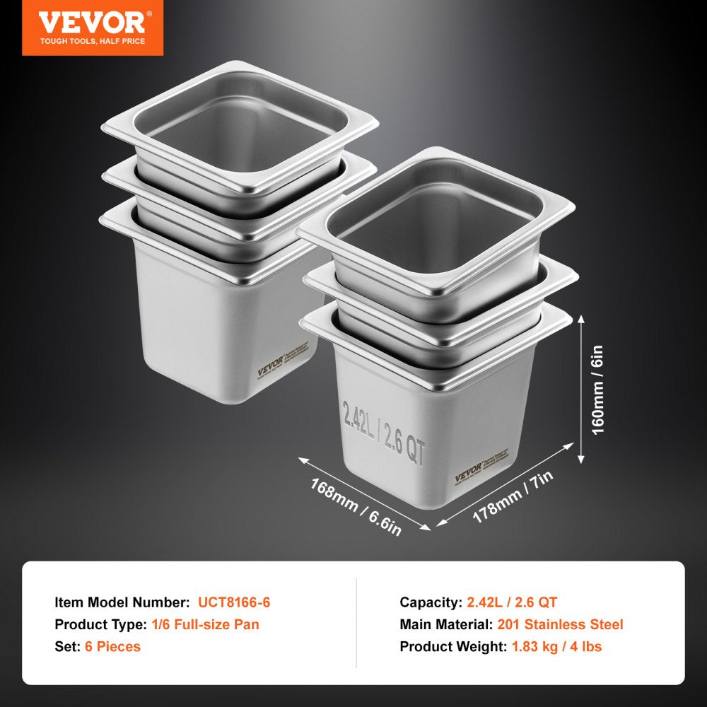 6 Pack Hotel Pans, 1/6  Size Anti-Jam Steam Pan, 0.8mm Thick Stainless Steel Restaurant Steam Table Pan, 6-Inch Deep Commercial Table Pan, Catering Storage Food Pan, for Industrial & Scientific