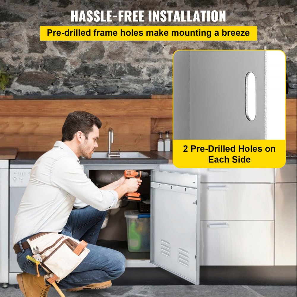 BBQ Access Door 17 x 24 Inch Vertical Island Door with Vents Stainless Steel Single Access Door Flush Mount Outdoor Kitchen