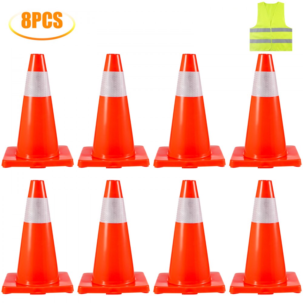 8Pack Traffic Cones, 18" Safety Cones, PVC Orange Traffic Safety Cone, with Reflective Collar Road Parking Training Cones