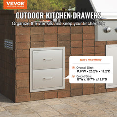Outdoor Kitchen Drawers 18W x 20.6H x 12.7D Inch, Flush Mount Double BBQ Drawers Stainless Steel with Handle, BBQ Island Drawers for Outdoor Kitchens or Patio Grill Station