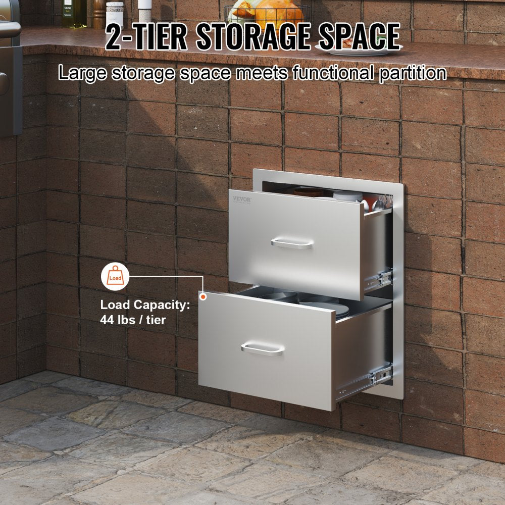 Outdoor Kitchen Drawers 18W x 20.6H x 12.7D Inch, Flush Mount Double BBQ Drawers Stainless Steel with Handle, BBQ Island Drawers for Outdoor Kitchens or Patio Grill Station
