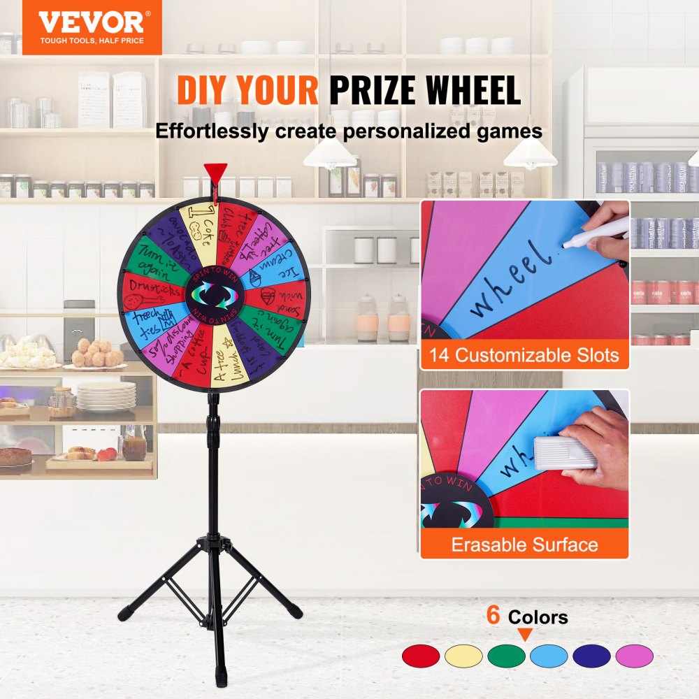 18 inch Spinning Prize Wheel, 14 Slots Spinning Wheel with Height Adjustable Stand, Roulette Wheel with a Dry Erase, and a Storage Bag, Win Fortune Spin Games in Party Pub Trade Show Carnival