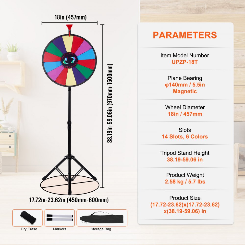 18 inch Spinning Prize Wheel, 14 Slots Spinning Wheel with Height Adjustable Stand, Roulette Wheel with a Dry Erase, and a Storage Bag, Win Fortune Spin Games in Party Pub Trade Show Carnival
