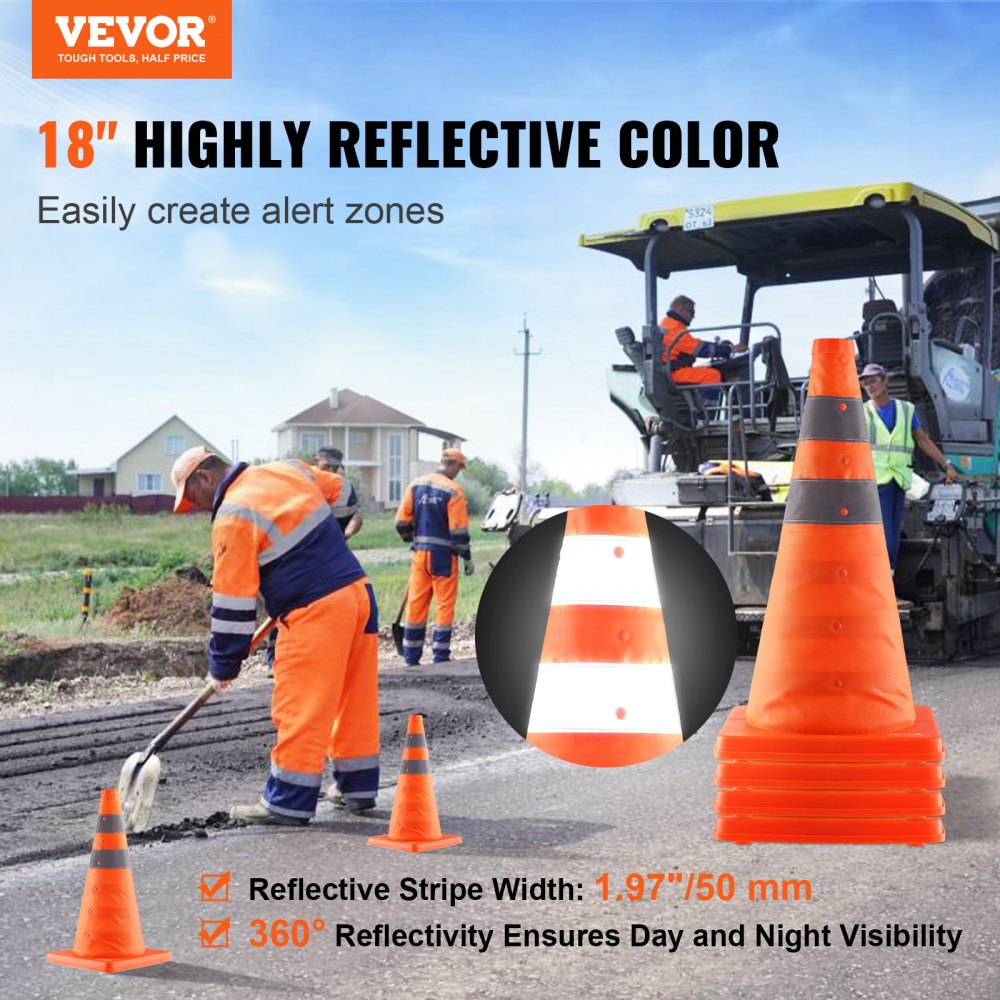 Four 18-inch collapsible safety cones with reflective stripes in a storage bag.