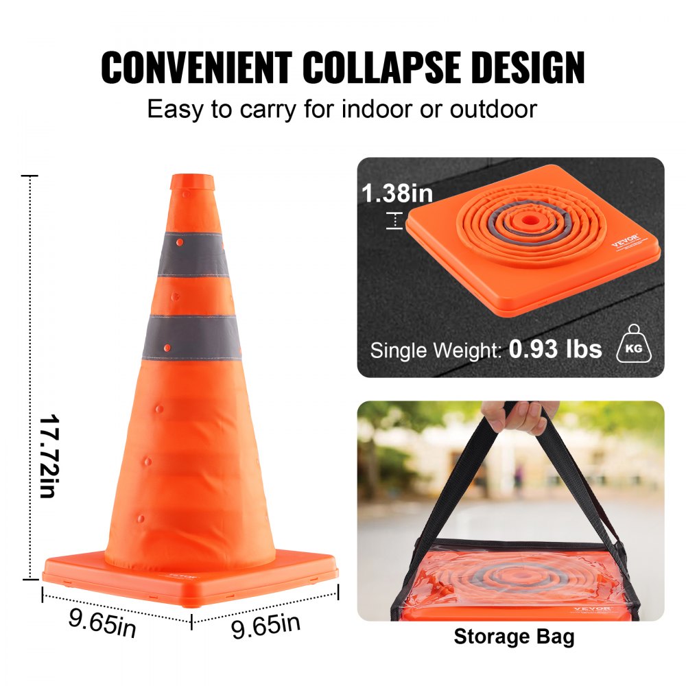 Bostome 18-inch collapsible safety cones with reflective stripes in a 4-pack for high visibility.