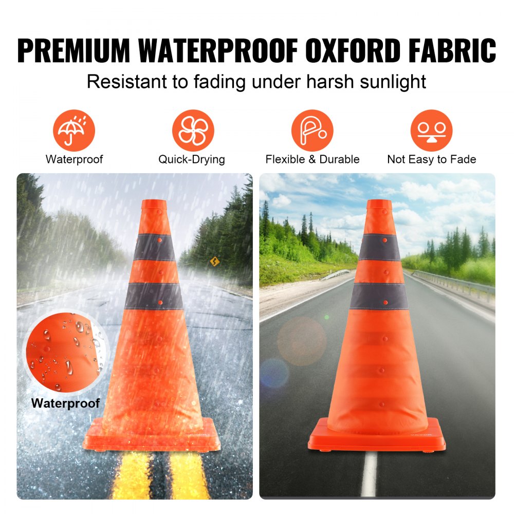 Bostome 18-inch collapsible safety cones in a 4-pack with reflective stripes for high visibility.