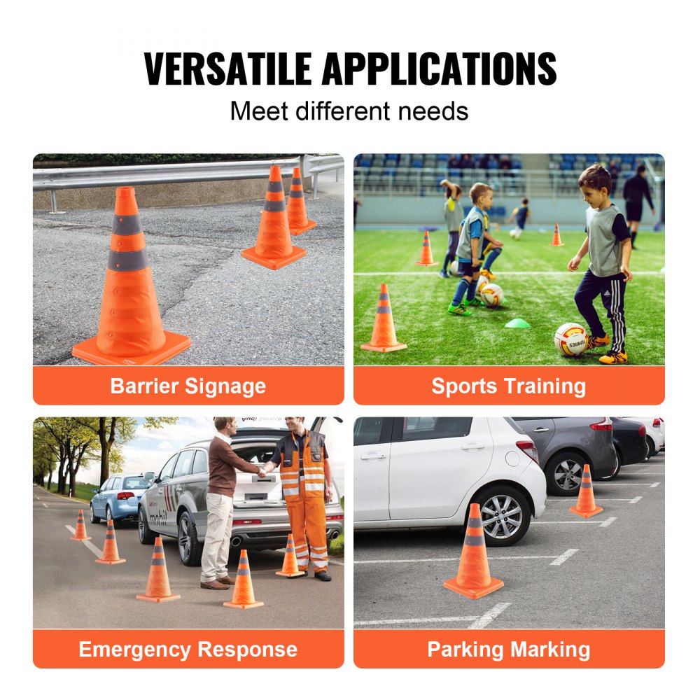 Bostome 18-inch collapsible safety cones with reflective stripes in a 4-pack for visibility.