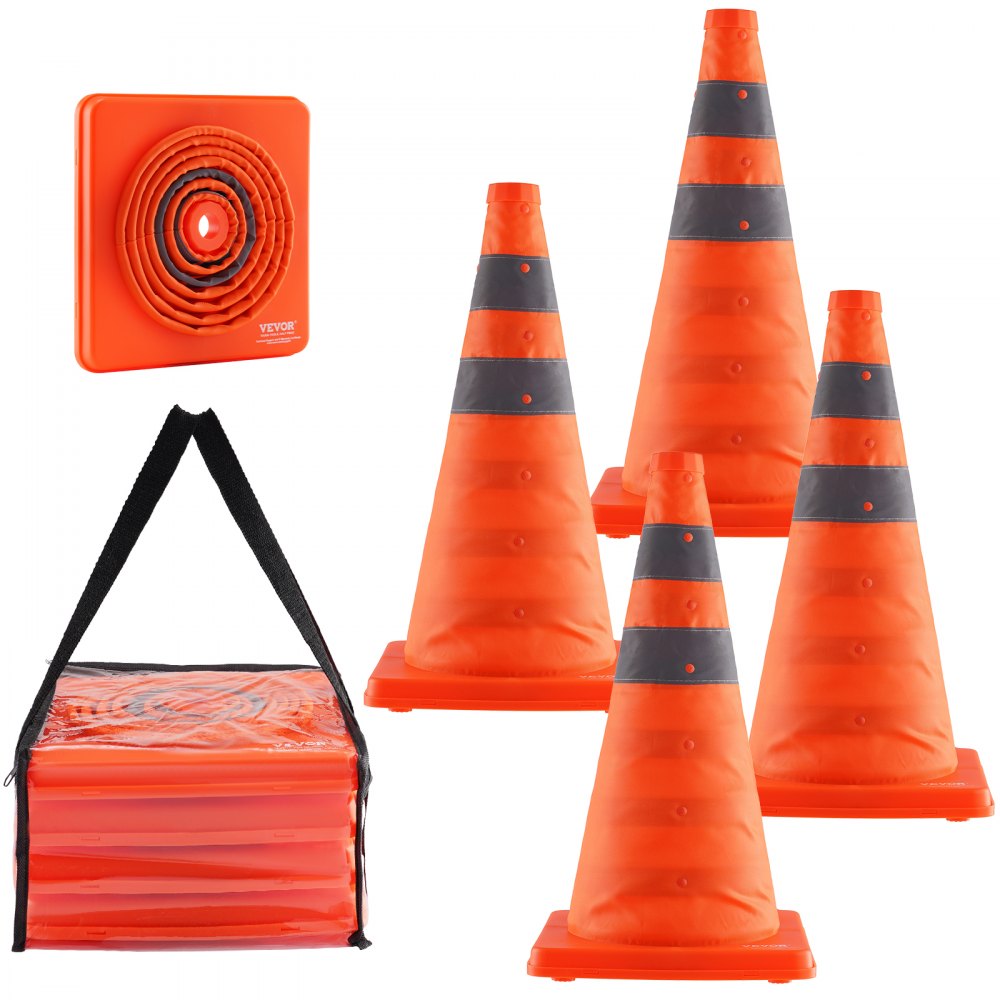 Four collapsible 18-inch reflective safety cones with a sturdy base and storage bag.