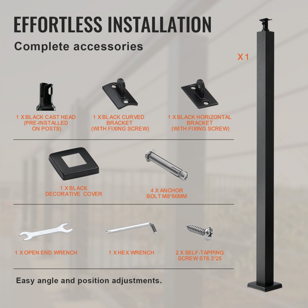 Bostome 36" black stainless steel cable railing post with a holeless design and brackets.