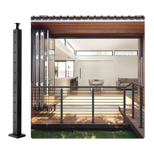 Black 36-inch stainless steel cable railing post with 10 holes, shown installed on a modern wooden deck.