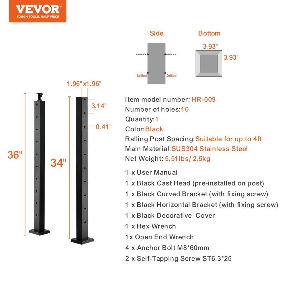 36-inch black SUS304 stainless steel cable railing post with 10 holes.