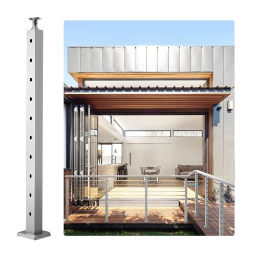 Bostome 36-inch stainless steel cable railing post with 10 pre-drilled holes for installation.