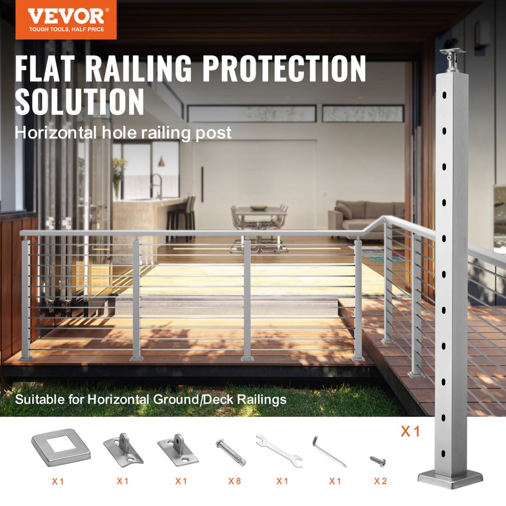 Bostome 36-inch stainless steel cable railing post with 10 pre-drilled holes for installation.