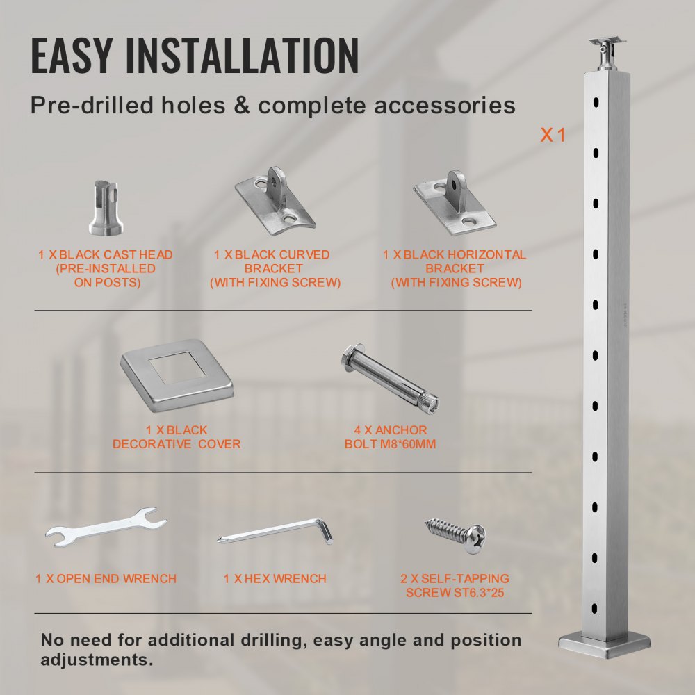 Bostome 36-inch stainless steel cable railing post with 10 pre-drilled holes for easy installation.