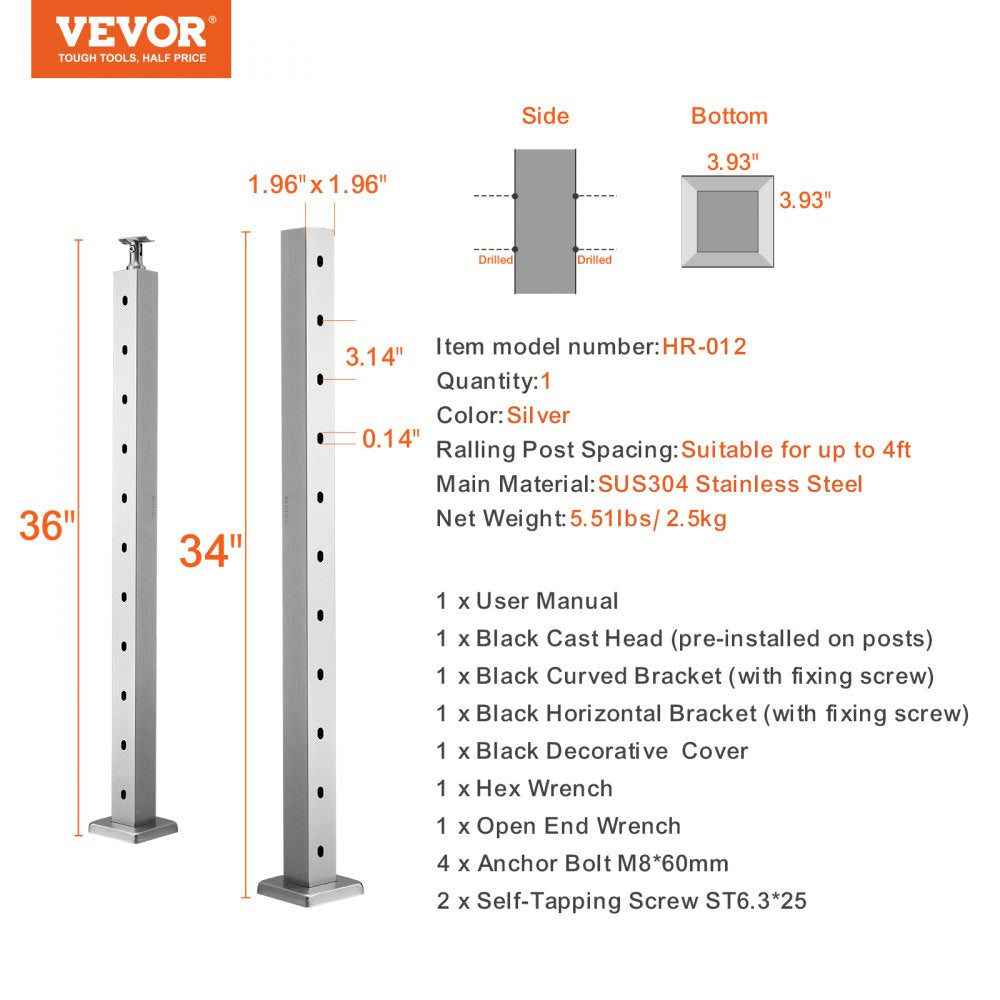 Bostome 36" stainless steel cable railing post with 10 pre-drilled holes for easy installation.