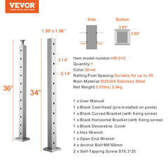Bostome 36" stainless steel cable railing post with 10 pre-drilled holes for easy installation.