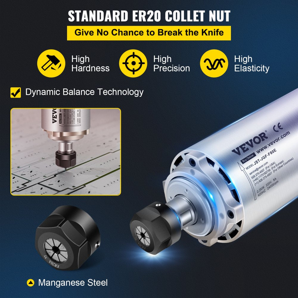 Bostome 2.2KW air cooled spindle motor with ER20 collet and 24000 RPM speed for CNC routing.