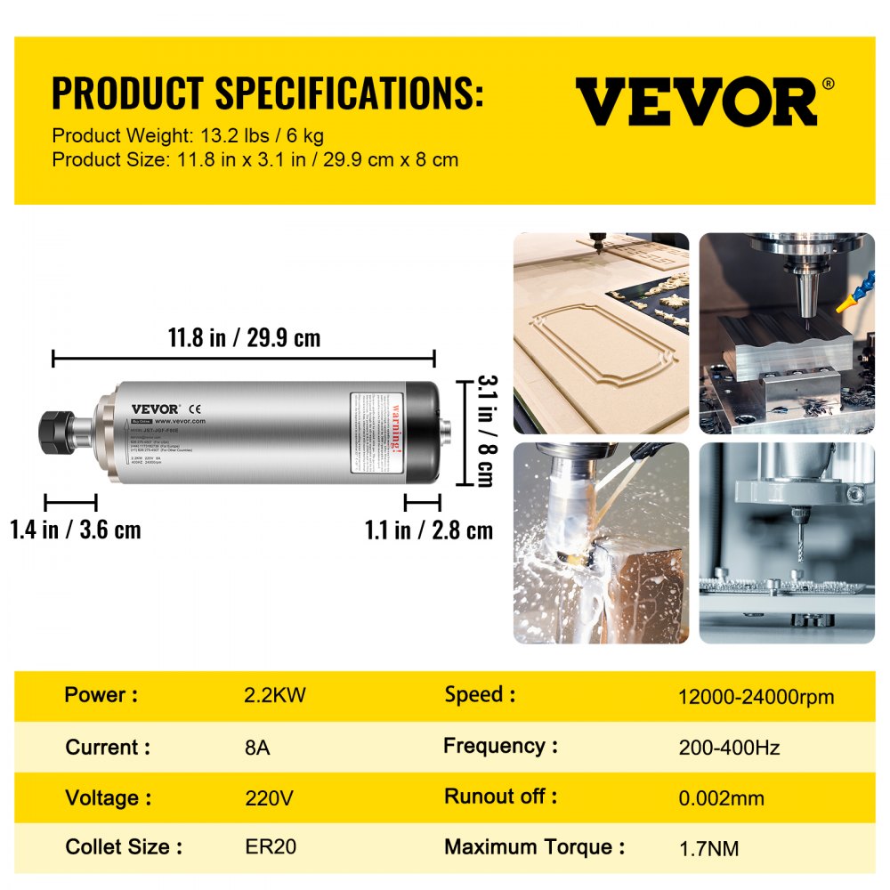 Air cooled 2.2KW spindle motor with ER20 collet, designed for high-speed CNC routing.
