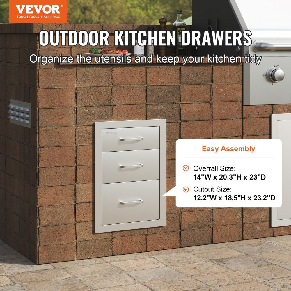 Outdoor Kitchen Drawers 14" W x 20.3" H x 23" D, Flush Mount Triple Access BBQ Drawers Stainless Steel with Handle, BBQ Island Drawers for Outdoor Kitchens or Patio Grill Station