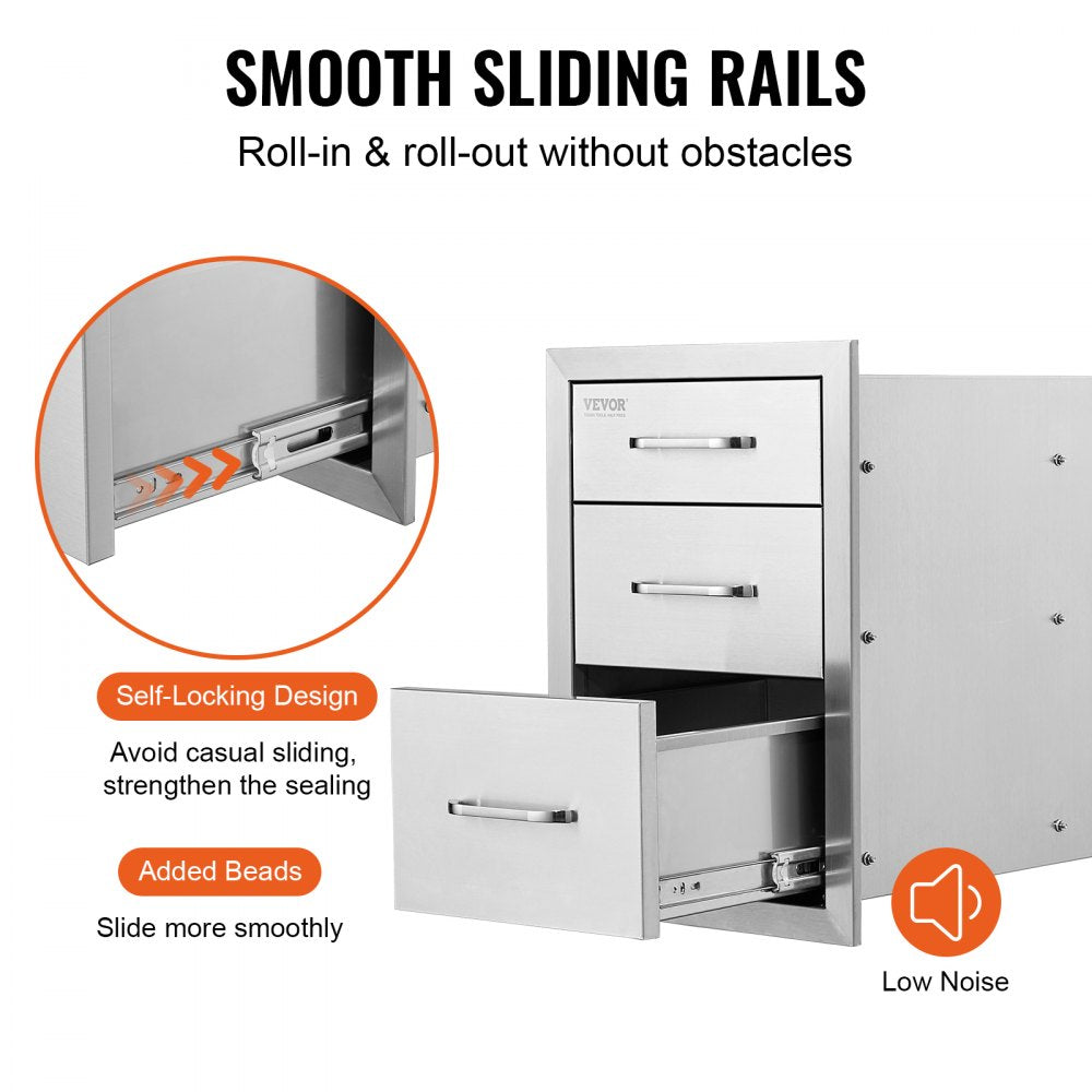 Outdoor Kitchen Drawers 14" W x 20.3" H x 23" D, Flush Mount Triple Access BBQ Drawers Stainless Steel with Handle, BBQ Island Drawers for Outdoor Kitchens or Patio Grill Station