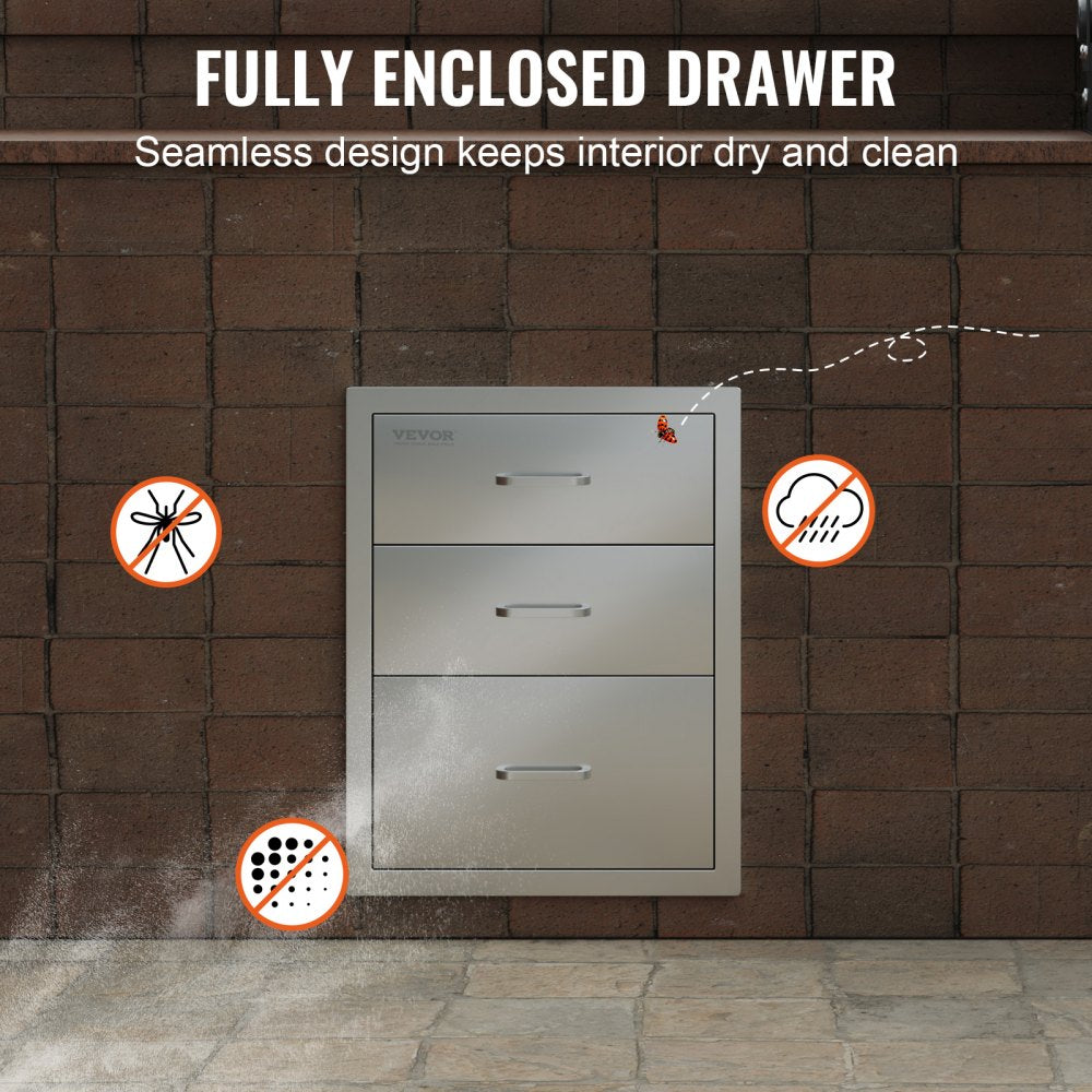 Outdoor Kitchen Drawers 14" W x 20.3" H x 23" D, Flush Mount Triple Access BBQ Drawers Stainless Steel with Handle, BBQ Island Drawers for Outdoor Kitchens or Patio Grill Station