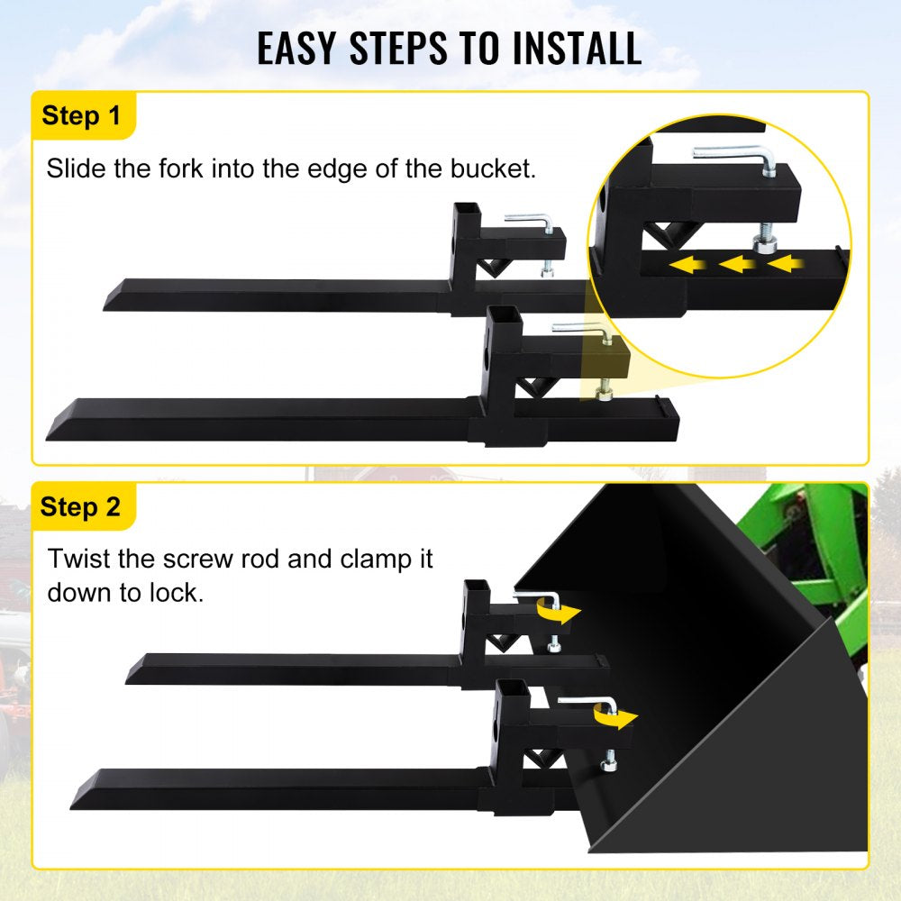 Pallet Forks 2000 Lbs Clamp On Tractor Bucket Forks 46.9" Total Length, Heavy Duty Front Loader Forks, Fork Attachment for Skid Steer, Loader Bucket