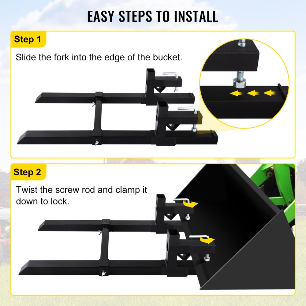 Pallet Forks 43" 2000 Lbs Max, Clamp On Tractor Bucket Forks with Adjustable Stabilizer Bar, Heavy Duty Front Loader Forks 60" Total Length, Fork Attachment for Skid Steer,Loader Bucket