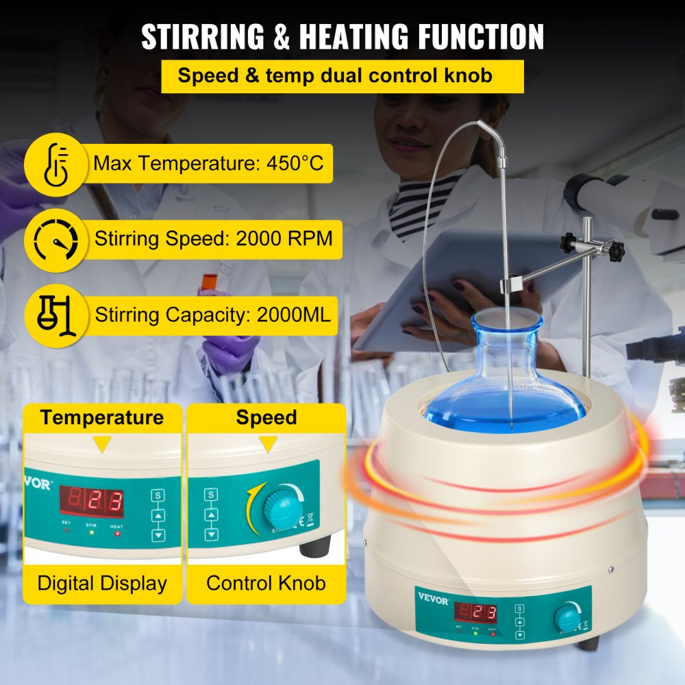 Heating Mantle 2000ml Electric Magnetic Stirring Heating Mantle 600W Digital Magnetic Stirrer Mantle, Max Temp 450 ° C Digital Magnetic Heating Mantle Kit 2000ml