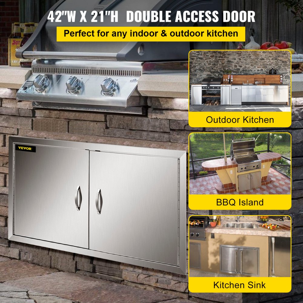 BBQ Access Door 42W X 21H Inch, Double BBQ Door Stainless Steel, Outdoor Kitchen Doors for Commercial BBQ Island, Grilling Station, Outside Cabinet