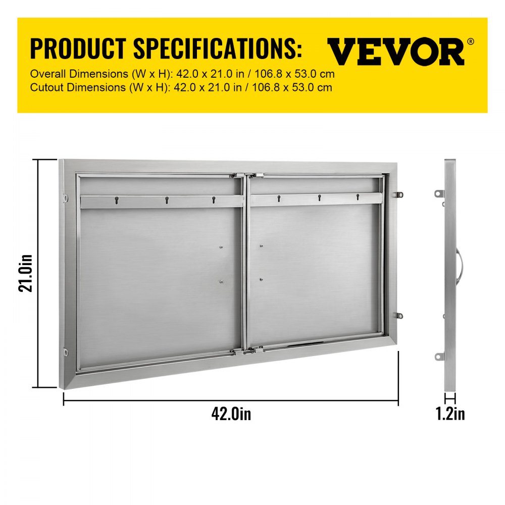 BBQ Access Door 42W X 21H Inch, Double BBQ Door Stainless Steel, Outdoor Kitchen Doors for Commercial BBQ Island, Grilling Station, Outside Cabinet