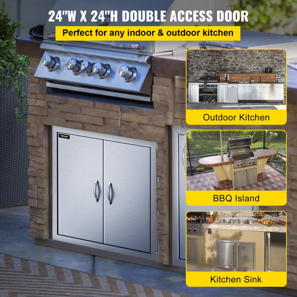 BBQ Access Door 24W x 24H Inch, Grill Door Double Door Brushed Stainless Steel, Outdoor Kitchen Doors for BBQ Island Grilling Station