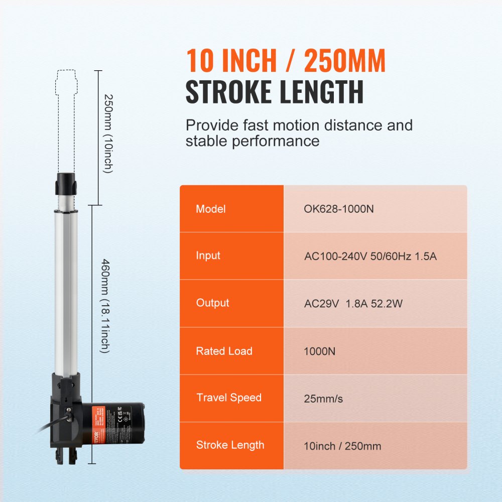 24V Linear Actuator Kit 10 Inch 0.98"/s 220lbs/1000N with IP44 Protection