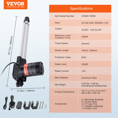 24V Linear Actuator Kit 10 Inch 0.98"/s 220lbs/1000N with IP44 Protection