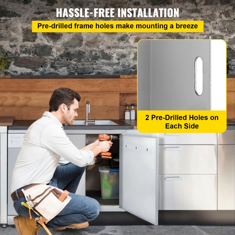 Outdoor Kitchen Access 26"x 24" Wall Construction Stainless Steel Flush Mount for BBQ Island, 26inch x 24inch, Double Door