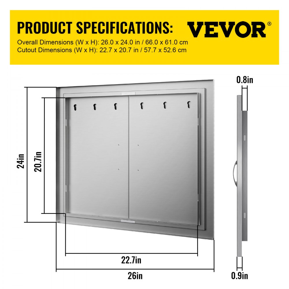 Outdoor Kitchen Access 26"x 24" Wall Construction Stainless Steel Flush Mount for BBQ Island, 26inch x 24inch, Double Door