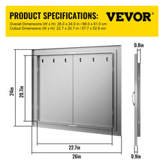 Outdoor Kitchen Access 26"x 24" Wall Construction Stainless Steel Flush Mount for BBQ Island, 26inch x 24inch, Double Door