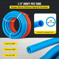 Red and blue 1/2" PEX-B tubing coiled in 300ft lengths for radiant heat systems.