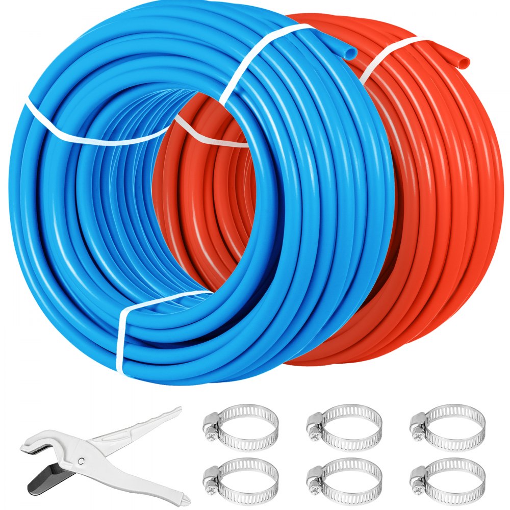 Red and blue 1/2" PEX-B oxygen barrier tubing coils, 300 feet each, for radiant heating systems.