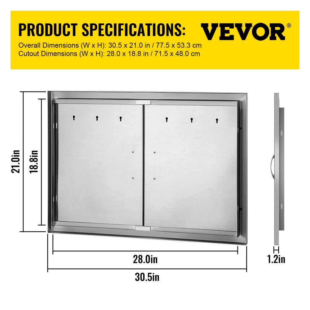 Outdoor Kitchen Access 30.5"X 21" Wall Construction Stainless Steel Flush Mount for BBQ Island, 30.5inch x 21inch, Double Door